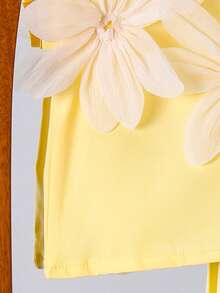 2 件装女婴时尚花卉褶皱无袖上衣和纯色短裤套装，夏季 - 黃色 - 查看 7