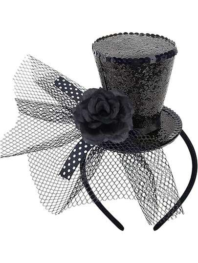 1pc Black/Red Miniature Top Hat Headband, Adorable Bow & Mesh Decor, Suitable For Party, Gathering, Tea Party, Teen BBQ, Music Festival