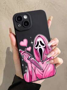 1pc Girly Pink Ghost Face & Heart Shiny Jewel Pattern Transparent Soft Protective Phone Case, Suitable For IPhone 11/12/13/14/15/16/17 Pro Max