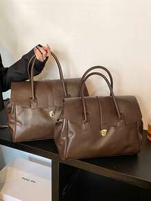 1 pieza Bolso de mano grande de PU de unicolor con estilo retro y vintage, adecuado para el uso diario, viajes y compras. Hay dos tamaños disponibles: pequeño y grande. - Multicolor - Ver 2