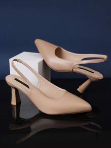 1 Pair Women's Apricot Color High Heel Sandals, Solid Color PU Material, Elastic Back Strap, Pointed Toe, Stiletto Heel, Wedge Design, Suitable For Party, Shopping, Travel, Vacation, Summer New Arrival