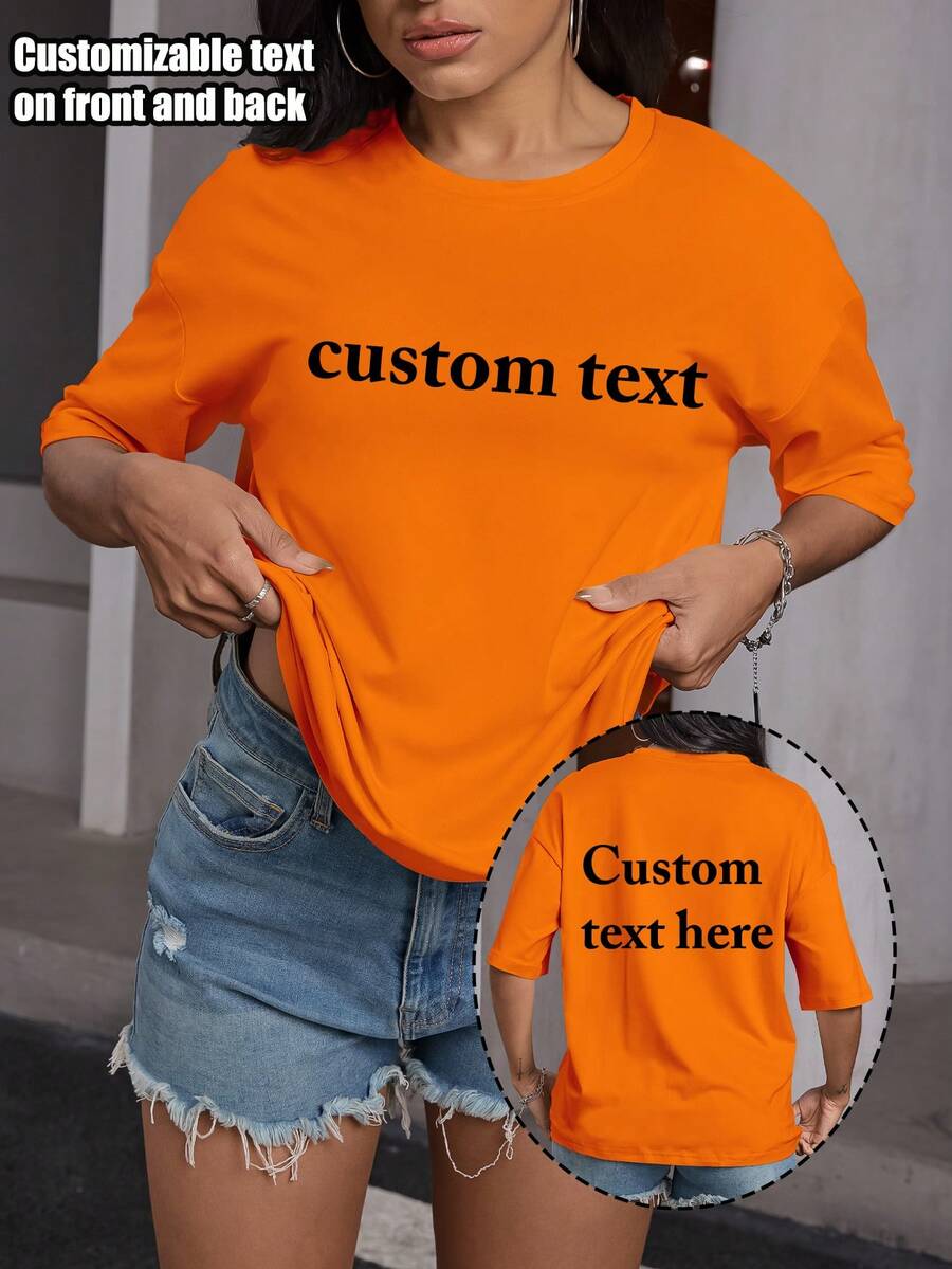 Women's Short Sleeve T-Shirt - Front And Back Customizable - Add Your Own Text (Color And Font Optional), Pattern Print Summer - Orange - View 1