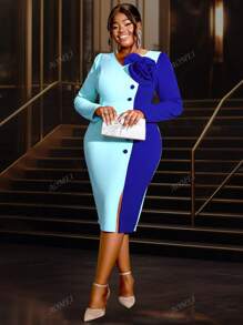 Plus V-Neck 3D Floral Decorated Fitted Long Sleeve Dress, Party Dress, Wedding Guest Cocktail Dress