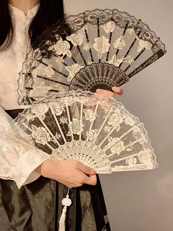 Women's Chinese Folding Fan, Portable And Elegant Rose Lace Folding Fan, Suitable For Summer Event Performances, Foldable, Loose, Suitable For Parties, Weddings, Church Dances, Rose Lace Fan, Retro Elegant Floral Fringe Hand Fan, Suitable For Women's Halloween, Christmas Wedding Party Costumes, Role-Playing Dance Performances, Photo Props, Gift Decorations