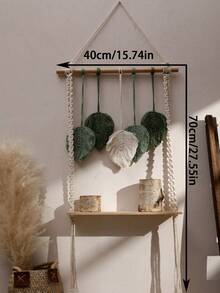 1 件手工编织 Macrame 挂架，带叶状流苏 - 波西米亚风格壁挂收纳整理器，适用于家居装饰、卧室或客厅 - 装饰性木质架子，用于展示和储存