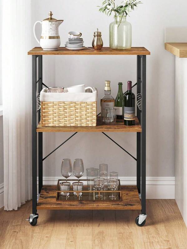 Kitchen Shelf On Wheels, Serving Trolley With 3 Shelves, Microwave Shelf, For Mini Oven, Toaster, With 6 Hooks, Industrial Style, Rustic Brown And Black