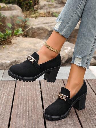 Fall/Winter Basic Solid Color Chain Decor Preppy Vintage Casual Slip-On Platform Round Toe Short Ankle Boots, Outdoor Spring Autumn