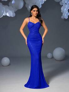 Elisanya 优雅细肩带美人鱼晚礼服，后背系带设计 - 适合庆典、婚礼、红毯活动、高档派对和夜总会 - 寶藍色 - 查看 3