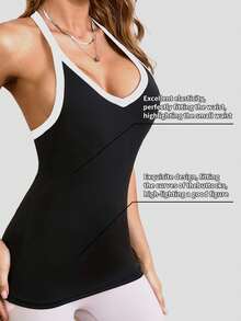1 件交叉肩带撞色吊带背心，二合一休闲运动服/瑜伽背心，内置衬垫胸罩，多季节，百搭黑色吊带背心，健身 - 黑色 - 查看 2