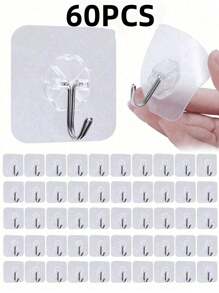 60PCS/30pcs/20pcs/10pcs/1pc Translucent Strong Adhesive Hooks, No Need To Drill Holes, Punch-Free Traceless Load-Bearing Hooks, Strong Adhesive Hangers, Removable, Transparent, Waterproof, Rust-Proof, Suitable For Clothes, Hats, Tableware, Shoes, Accessories, Kitchenware, Bags, Kitchen, Bathroom, Living Room, Bedroom, Wall Hanging, Multi-Functional Hanging Storage Rack, Suitable For Family Room Wall Door Cabinet