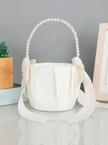 1 coș cu flori pentru fetițe cu mâner de perle albe, accesorii de nuntă potrivite pentru orice nuntă, coș cu flori portabil cu perle albe, coș cu fundă din satin alb pur în stil occidental pentru nuntă, coș cu flori pentru aruncarea florilor, coș cu flori pentru mireasă și domnișoare de onoare, accesorii de nuntă în stil nou, coș cu flori portabil pentru mireasă și domnișoare de onoare