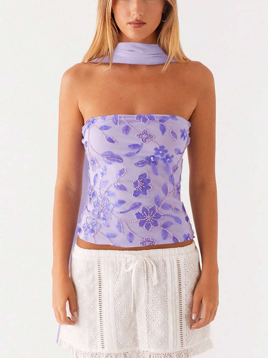 Women's Sequin Crop Tube Top Rhinestone Floral Embroidery Sleeveless Slim Fit Strapless Tops Y2K Bandeau With Scarf - 紫色 - 查看 1