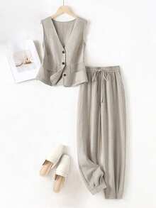 Women's Casual Resort Linen Vest And Pants Set, Spring/Summer