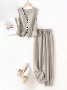 Set di canotta e pantaloni in lino casual da donna, ideale per primavera/estate