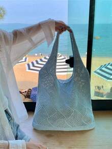 Yogodlns Breathable Crochet Large Capacity Tote Bag For Women, Girls, Summer Hollow Out Knitting Shoulder Bag, Women's Casual Lightweight Crochet Beach Handbag, Suitable For College, Outdoor, Travel, Vacation - Blue - View 8