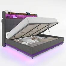 PLAUIN Estructura de cama con almacenaje y elevación hidráulica, con estantería incorporada y cabecero con diseño de terciopelo de alas, iluminación LED RGB, sin necesidad de caja de resortes