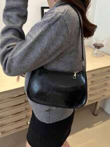 Bolso de hombro con cierre de cremallera de unicolor y minimalista, bolso de media luna elegante y sencillo, bolso de hombro con cremallera, bolso de unicolor de piel sintética, bolso burdeos ideal para Año Nuevo, bolso burdeos de moda