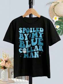 Camisetas para amantes "Esposa mimada, Esposo mimado" - Camiseta con texto impreso "Mi hombre de cuello azul" - Negro - Ver 2
