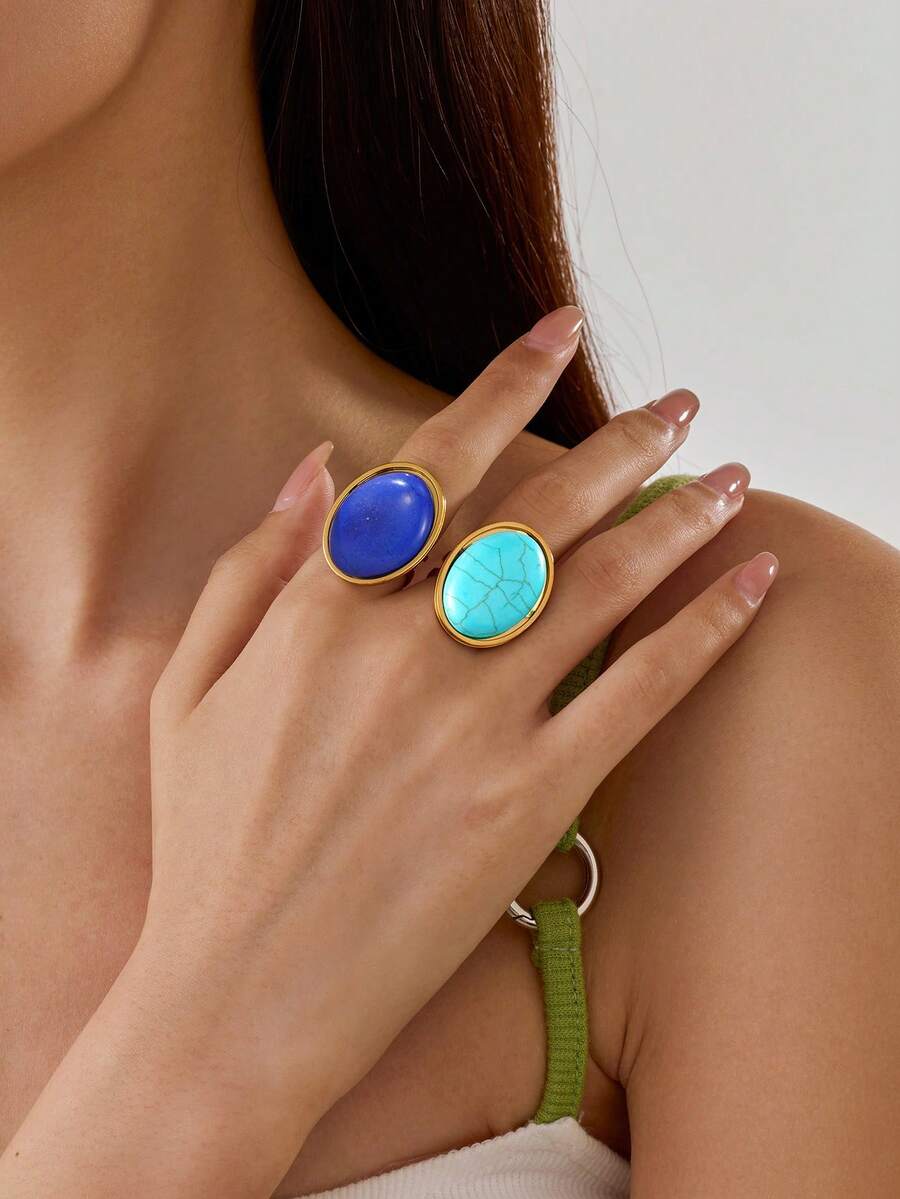 2件套不锈钢女士金色时尚夸张风格双蓝宝石首饰套装，适合女士佩戴或作为礼物 - 金黃色 - 查看 1