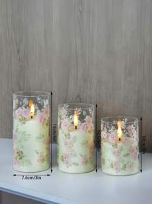 3 pièces Bougies sans flamme roses, bougies à LED clignotantes à piles à thème de l'amour en acrylique avec télécommande, autocollants de fleurs roses, bougies de colonne réalistes, convenant à la chambre, à la décoration d'intérieur, à la décoration de table à manger