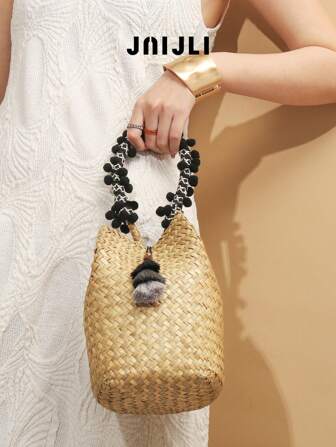 JNIJLI 1 pièce Sac seau en paille de style bohème fait main avec franges, sac fourre-tout tressé vintage, polyvalent pour les trajets quotidiens, les affaires, les loisirs, les voyages, les mariages sur la plage, cadeau parfait pour les femmes, avec pendentif à gland