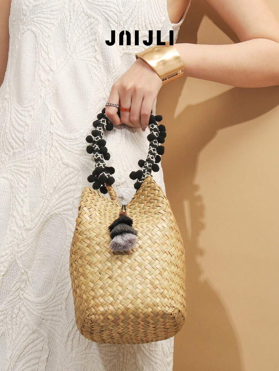 1pc Handmade Bohemian Style Tassel Straw Bucket Handbag, Vintage Woven Tote Bag, Versatile For Daily Commute, Business, Leisure, Travel, Beach Wedding, Perfect Gift For Women, Comes With Tassel Pendant - màu đen - Xem 1