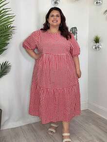 Enliva Karierten Muster Lässig Urlaubskleid in Große Größen