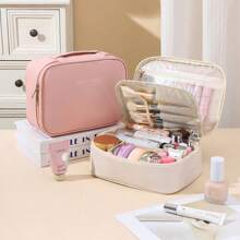 Large Capacity Removable 3-Layer Makeup Bag, Vegan Leather Travel Cosmetic Organizer With Brush Holder, Unisex Portable Toiletry Case, Alcohol-Free Makeup Storage Solution, Elegant Design Makeup Organizer Bathroom Accessories