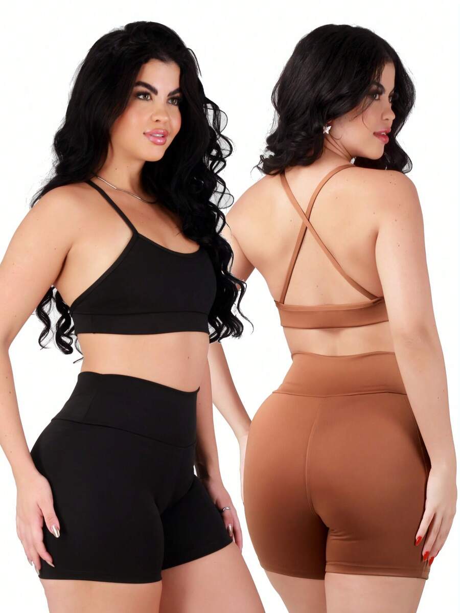 Work Fitness Kit 2 Set Of Backless Top With Cross Straps And Basic Premium Bermuda Shorts - Chocolate Brown - View 1