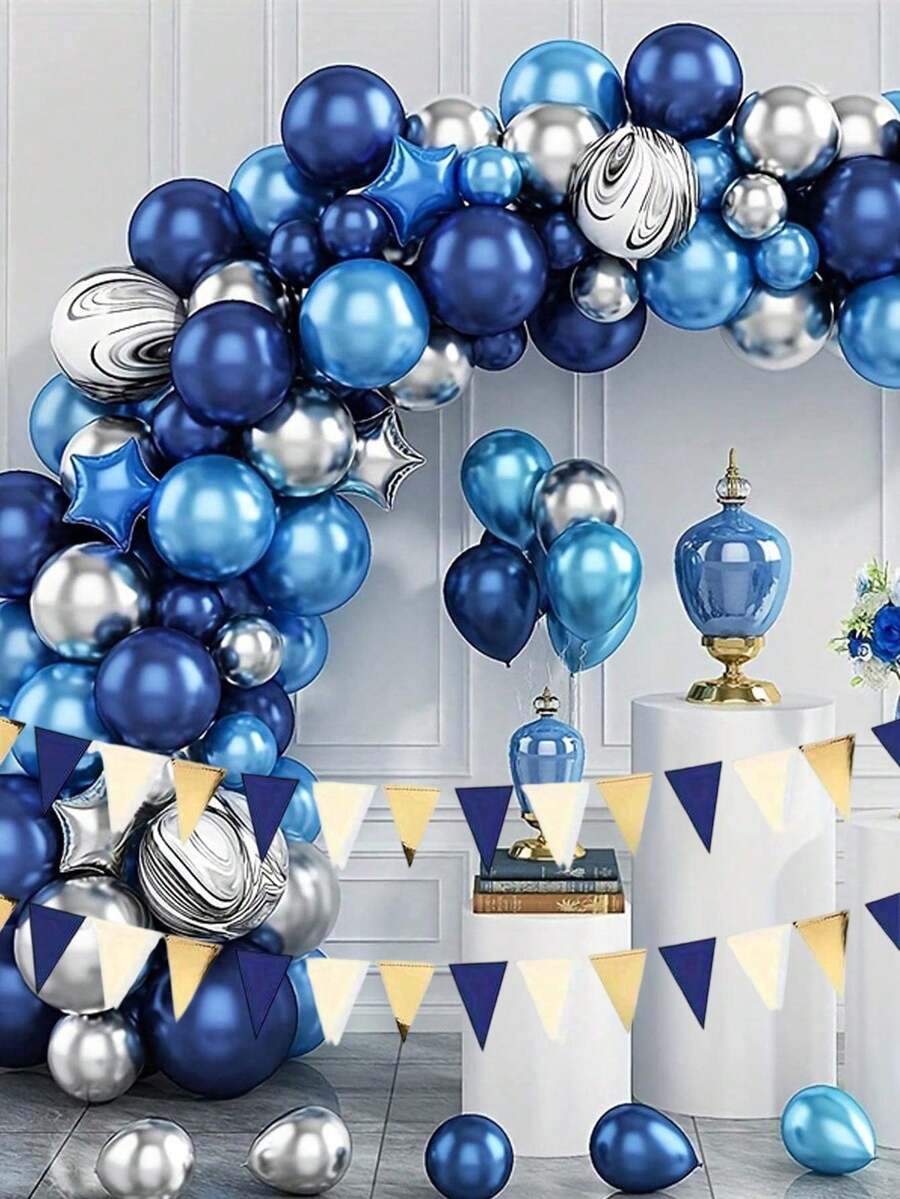 63pcs Navy Blue, Metallic Blue & Silver Color Balloon Set For Birthday Party, Wedding, Anniversary Decor
