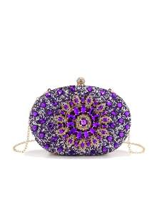 Luxus Strass Dekor Handtasche, kleine Clutch Geldbörse, elegante Abendtasche, Metallketten-Griff, modisch würdevolle Party Handgelenktasche, Braut Hochzeits-Tasche, passend für formelle Bankette, Partys, Hochzeiten, Frauengeschenke - Violett - Übersicht 3