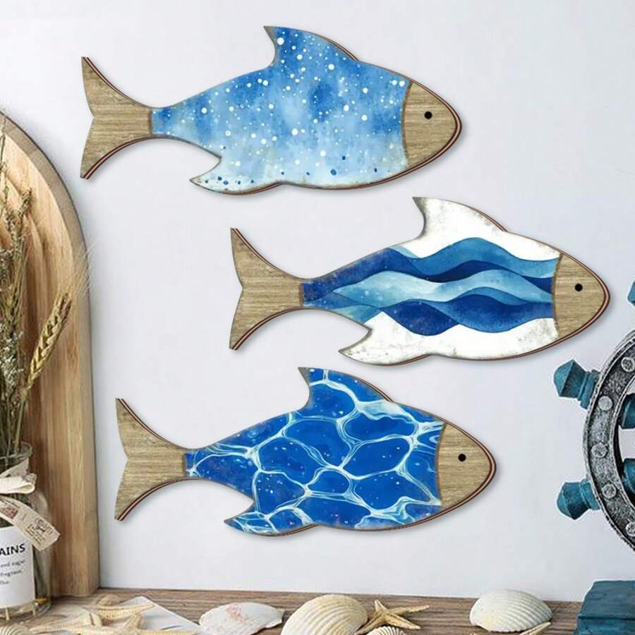 3 件木制蓝色热带鱼墙面艺术标牌，适用于家庭办公室墙壁装饰，农舍可爱热带鱼墙面装饰，适用于家庭客厅卧室装饰夏季家居装饰海滩 - 彩色 - 查看 1