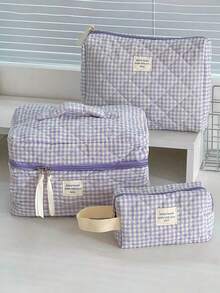 Nécessaire grande acolchoada xadrez roxa (1 unidade), bolsa de maquiagem portátil e moderna, nécessaire de viagem feminina, bolsa multifuncional para guardar batom, absorvente higiênico, moedas, chaves, presilhas de cabelo, elásticos de cabelo, nécessaire charmosa, organizador de viagem para maquiagem, presente para o Dia das Mães, presente de volta às aulas, presente de Ano Novo - Roxa - Ver 5