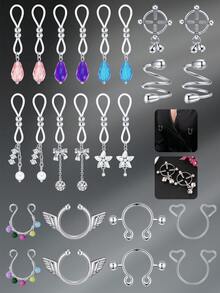 CIZME Faux Nipple Piercing Fake Nipple Rings Fake Nipple Piercing, Y2K Heart White Pearl Flower Bowknot Dangle Pink Purple Blue Beaded Ball Clip On Nipple Rings Non Piercing For Women Stainless Steel Rubber Faux Nipple Piercing