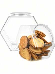 70/30 Oz Hexagonal Candy Jar With Lid, Clear Plastic Jar, Coffee Candy Display Bottle, Polished Metal Finish For Valentine's Day, Easter, Thanksgiving, Ideal Storage Container For Snacks, Cookies And Gifts, Kitchen Supplies Kitchen Decor