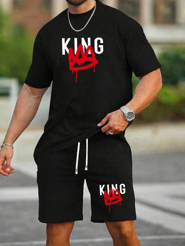 2 Stücke/Set Herren Sommer Kurzarm T-Shirt und Shorts Set, personalisierter Buchstabenprint, modisches Lässig Outfit mit Tasche und Kordelzug Taille, geeignet für Pendler, Streetwear, Geschenk für Ehemann & Freund
