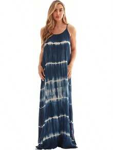 Tie Dye Spaghetti Strap Maxi Dress - Army Green - View 1