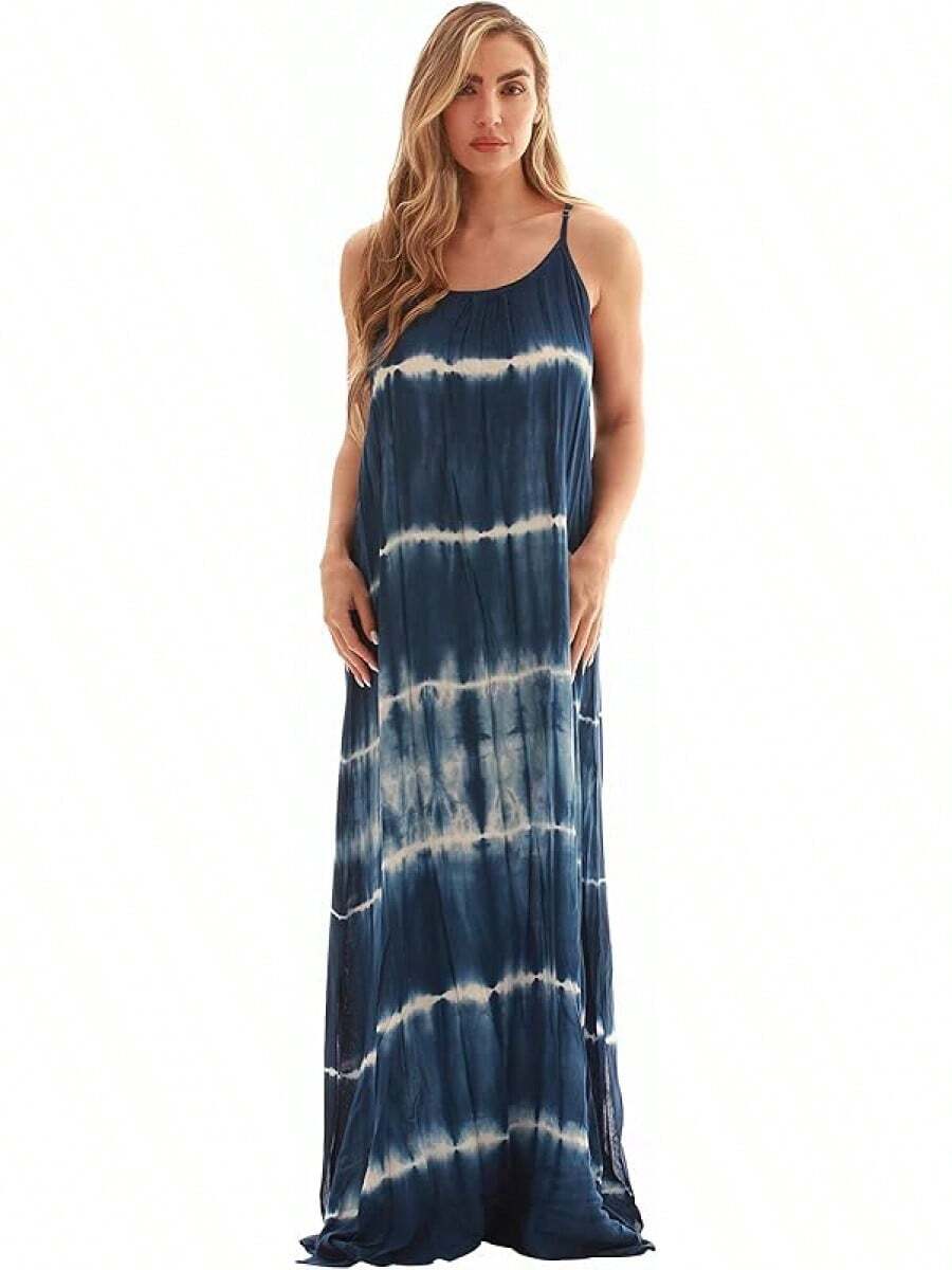 Tie Dye Spaghetti Strap Maxi Dress - Army Green - View 1