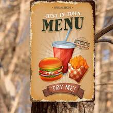 1PC Vintage Tin Sign, Best In Town Menu, Retro Diner Decor, Burger And Fries Illustration, Rust-Proof, Perfect For Restaurant Or Kitchen, 8x12 Inches/ 20x30 Cm - Multicolor - View 7