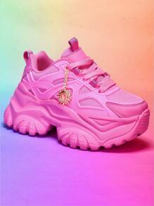 Women's 7cm Thick Sole Casual Sports Shoes With Sunflower Metal Decoration, Outdoor High Heel Platform Sneakers, Lightweight Shock-Absorbing Breathable Mesh Summer Sandals, Pink Round Toe Lace-Up For Daily, Workout, Office