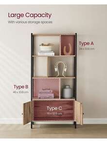 Bookshelf, Storage Shelf, Large Bookcase With Doors, 4 Shelves, Stable Steel Structure, Industrial Style, For Living Room, Office, Toasted Oak Colour And Black - 卡其色 - 查看 4