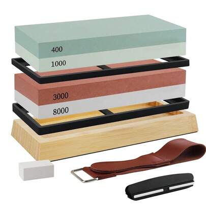 Bộ mài dao 1/3/8 món, mài hai mặt, đá mài 400/1000/3000/8000 grit, thích hợp cho nhiều loại lưỡi dao, kèm đế chống trượt có thước đo góc và dụng cụ cạo da.