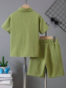 Bộ áo sơ mi tay ngắn cổ tròn thoáng khí màu trơn họa tiết gợn sóng cho bé trai, mùa xuân/hè - xanh quân đội - Xem 2