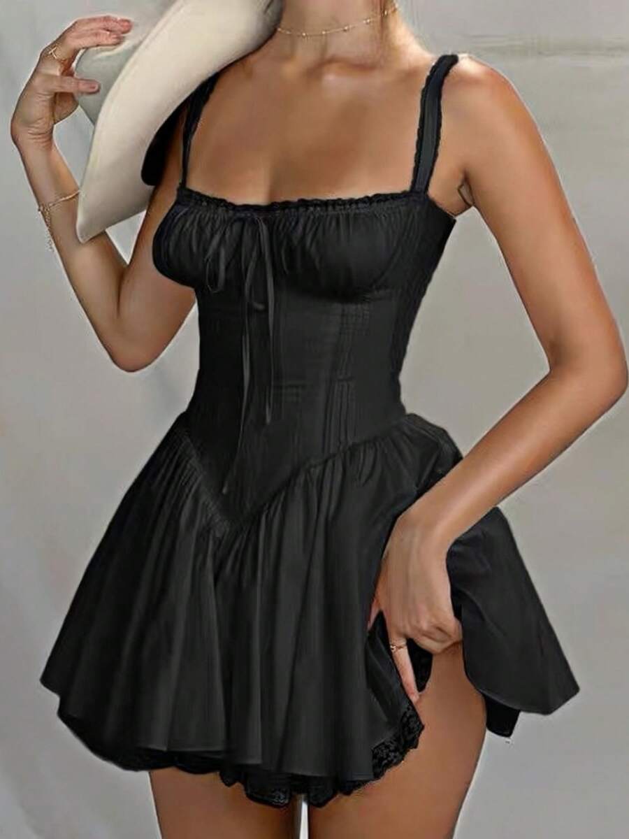 Women Y2k Summer Lace Trim Mini Dress Sleeveless Square Neck Tie-Up Front Short Tank Dress Casual Flowy A-Line Corset Dress Graduation Party Dresses Clubwear White - 黑色 - 查看 1