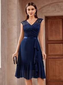 MIUSOL Floral Lace Ruffle Trim Wrap Hem Chiffon Party Swing Dress