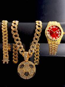 Luxury Alloy Men's Quartz Watch, With Rhinestone Rhinestone Crystal And Date, Paired With A Hip-Hop Pair It With A Football Pendant Full Of Rhinestones Cuban Necklace And Bracelet Set - Necklace Set - View 2