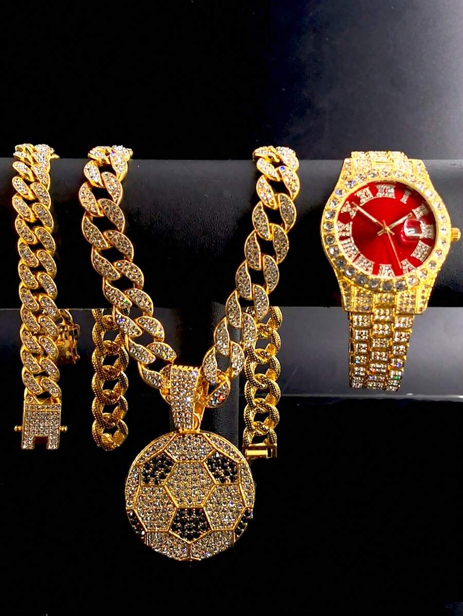 Luxury Alloy Men's Quartz Watch, With Rhinestone Rhinestone Crystal And Date, Paired With A Hip-Hop Pair It With A Football Pendant Full Of Rhinestones Cuban Necklace And Bracelet Set
