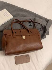 1 pieza Bolso de mano grande de PU de unicolor con estilo retro y vintage, adecuado para el uso diario, viajes y compras. Hay dos tamaños disponibles: pequeño y grande. - Multicolor - Ver 10