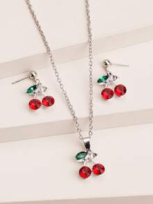 3pcs/Set Fashion Jewelry Set, Including Necklace And Earrings, Silver Tone Cherry Pendant With Rhinestones, Fruit Design Pendant With Rhinestones, Suitable For Ladies Everyday Wear - Multicolor - View 10