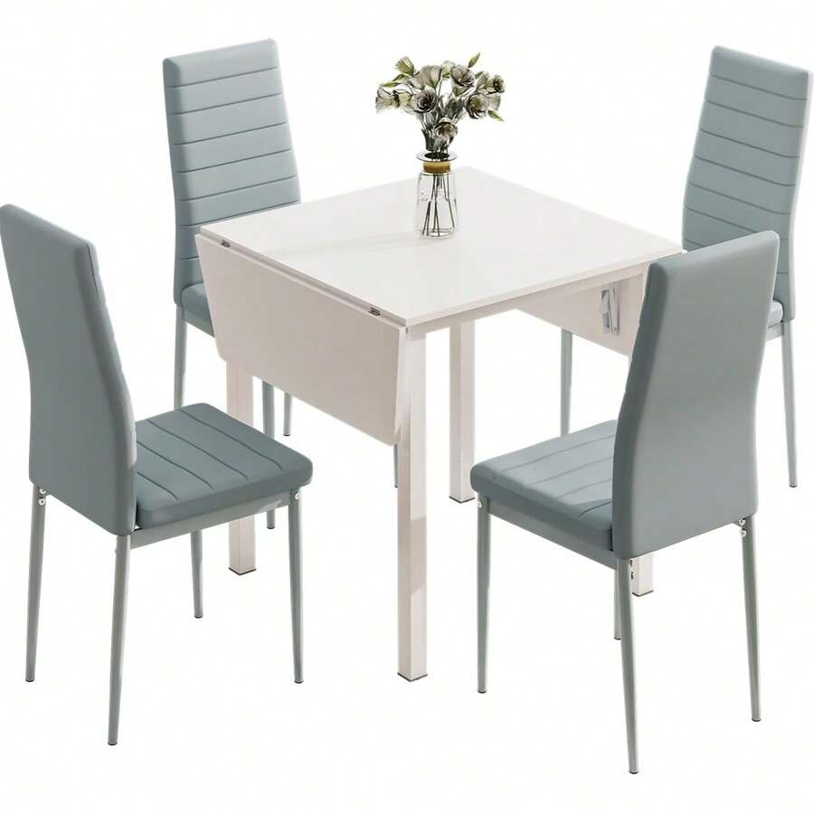 Dining Table And Set Of 2/4 Chairs, Drop Leaf Kitchen Table With PU Leather High Back Chair